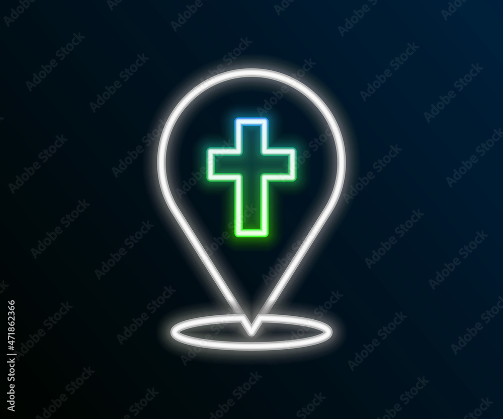 Obraz premium Glowing neon line Map pin church building icon isolated on black background. Christian Church. Religion of church. Colorful outline concept. Vector