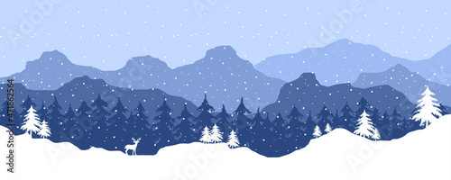 Foto Winter landscape with mountains, forest, deer and snowfall