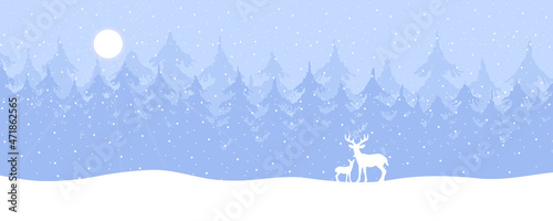 Winter landscape with forest, deer and fawn, sun and snowfall in sunny day. Panoramic illustration of winter wildlife with fir and pine trees, animals and snow. Christmas background. Vector.