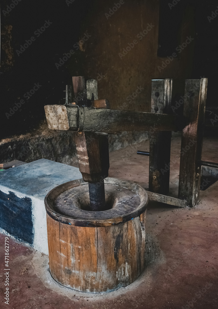 Ancient wooden hand pounded beaten rice machine , Mangalore, India