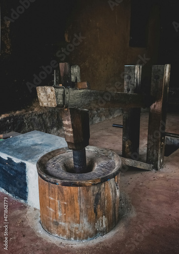 Ancient wooden hand pounded beaten rice machine , Mangalore, India