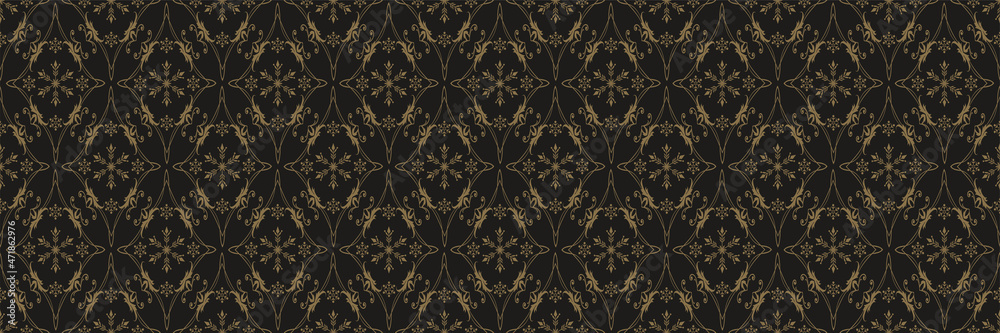 Beautiful background image with golden floral ornament on a black background for your design projects, seamless pattern, wallpaper textures with flat design. Vector illustration