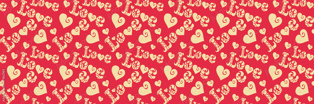 Background pattern with hearts and decorative words love for your design projects, seamless pattern, wallpaper textures with flat design. Vector illustration Background pattern with hearts and decorative words love for your design projects, seamless pattern, wallpaper textures with flat design. Vector illustration