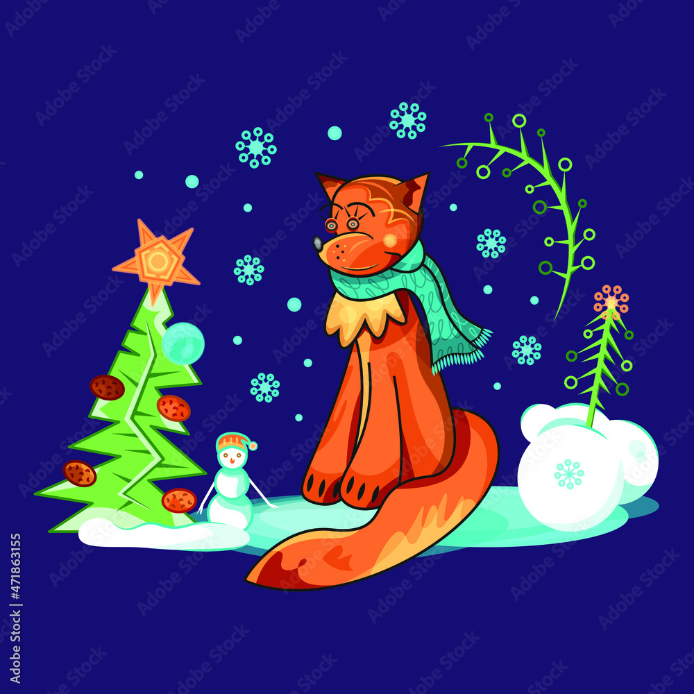 Fototapeta premium A fox sitting near New Year tree at winter day, a Christmas card imaging a fox with scarf and decorated by winter ornament including snowflakes, snow, Christmas tree, New Year toys and snowman.