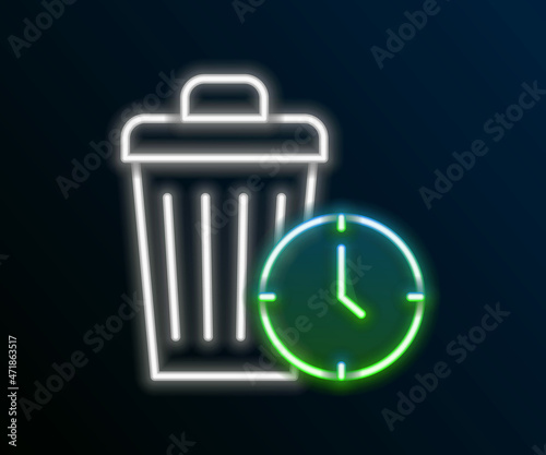 Glowing neon line Waste of time icon isolated on black background. Trash can. Garbage bin sign. Recycle basket icon. Office trash icon. Colorful outline concept. Vector