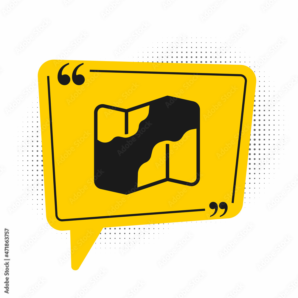 Black Camping and hiking on map icon isolated on white background. Yellow speech bubble symbol. Vector Black Camping and hiking on map icon isolated on white background. Yellow speech bubble symbol. Vector