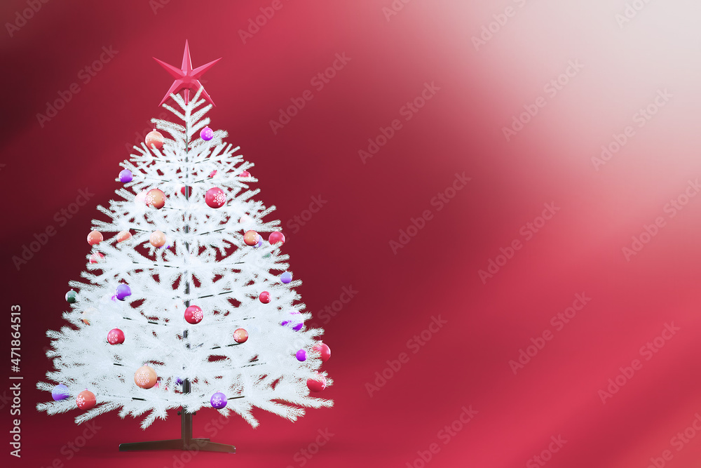 A white, elegant Christmas tree with a red star and round toys with snowflakes. Gradient red background. Christmas card. Space for text. 3D rendering A white, elegant Christmas tree with a red star and round toys with snowflakes. Gradient red background. Christmas card. Space for text. 3D rendering