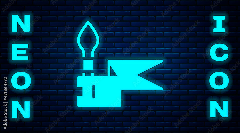 Glowing neon Medieval spear icon isolated on brick wall background. Medieval weapon. Vector Glowing neon Medieval spear icon isolated on brick wall background. Medieval weapon. Vector