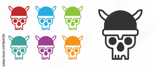 Black Skull with viking helmet icon isolated on white background. Happy Halloween party. Set icons colorful. Vector