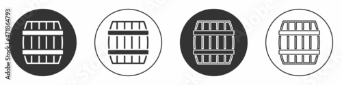 Black Wooden barrel icon isolated on white background. Alcohol barrel, drink container, wooden keg for beer, whiskey, wine. Circle button. Vector