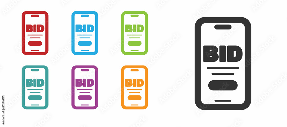 Black Online auction icon isolated on white background. Bid sign. Auction bidding. Sale and buyers. Set icons colorful. Vector
