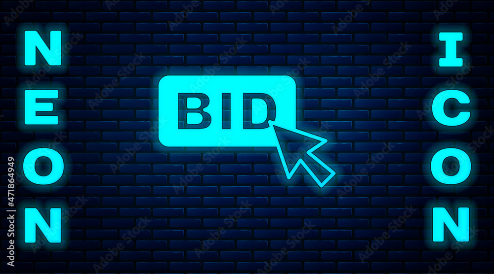 Glowing neon Bid icon isolated on brick wall background. Auction bidding. Sale and buyers. Vector Glowing neon Bid icon isolated on brick wall background. Auction bidding. Sale and buyers. Vector