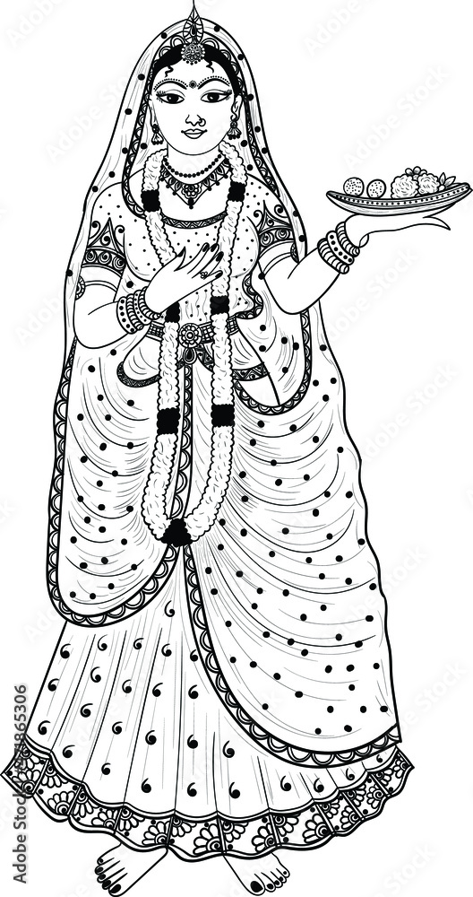 Indian wedding clip art of women or bride doing makeup black and white ...