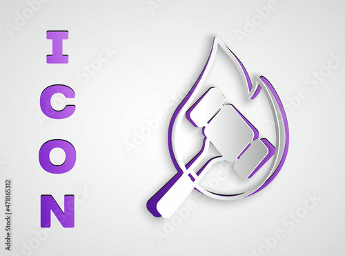 Paper cut Auction hammer icon isolated on grey background. Gavel - hammer of judge or auctioneer. Bidding process, deal done. Auction bidding. Paper art style. Vector