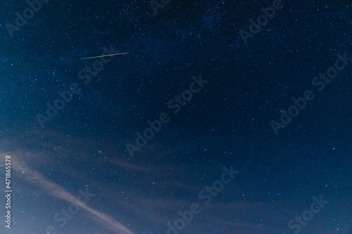 Starry sky and shooting stars with a green tail, the Perseid.