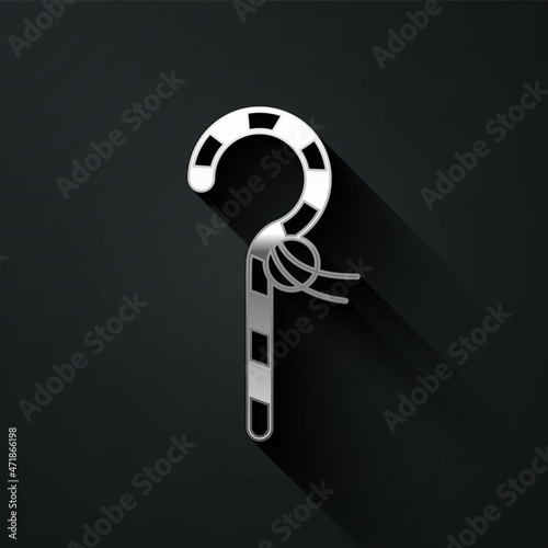 Silver Crook icon isolated on black background. Ancient Egypt symbol. Scepters of egypt. Long shadow style. Vector