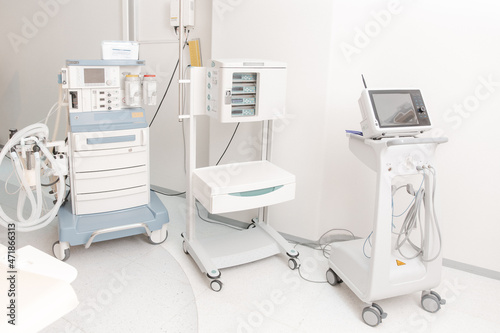 Technologically advanced equipment in CT or MRI Scan room. Modern hospital laboratory. Interior of radiography department. Magnetic resonance diagnostics machine