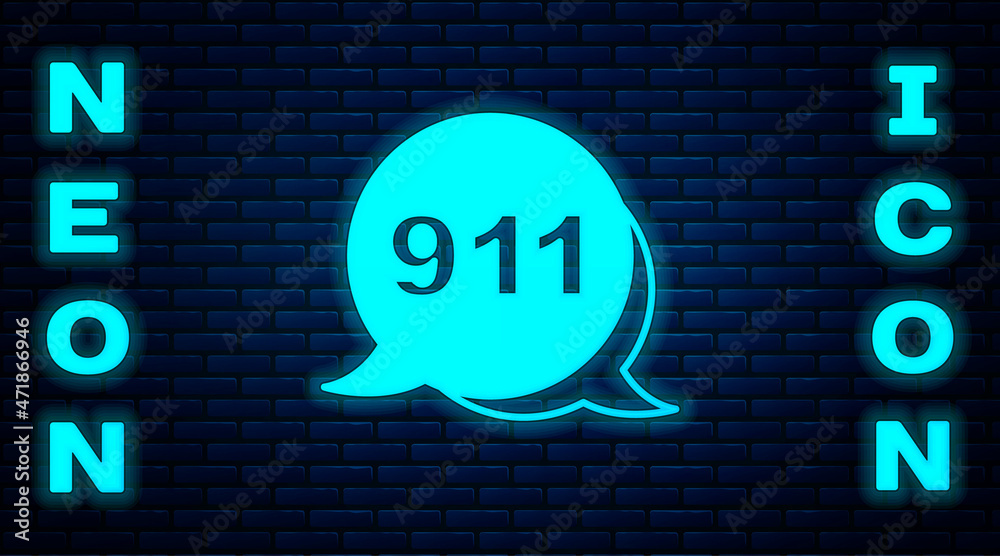 Glowing neon Telephone with emergency call 911 icon isolated on brick wall background. Police, ambulance, fire department, call, phone. Vector Glowing neon Telephone with emergency call 911 icon isolated on brick wall background. Police, ambulance, fire department, call, phone. Vector
