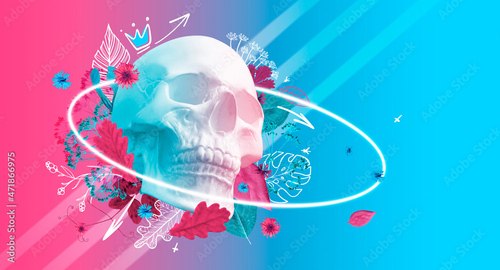Obraz premium Modern concept art poster with white plaster human skull with neon ring in colors. Collage of contemporary art.