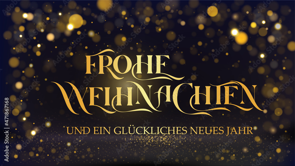 Karte oder Banner auf Frohe Weihnachten und ein glückliches neues Jahr in Gold auf schwarzem Hintergrund mit rundem Bokeh-Effekt in Goldfarbe