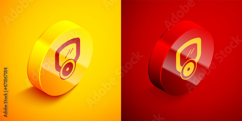 Isometric Gas mask icon isolated on orange and red background. Respirator sign. Circle button. Vector © Kostiantyn