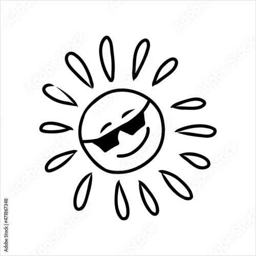 Vector illustration of a smiling sun. Cartoon doodle style hand drawn SUN. For fabric design, educational materials for children, postcards with the Day of the Sun