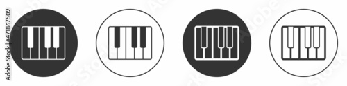 Black Music synthesizer icon isolated on white background. Electronic piano. Circle button. Vector