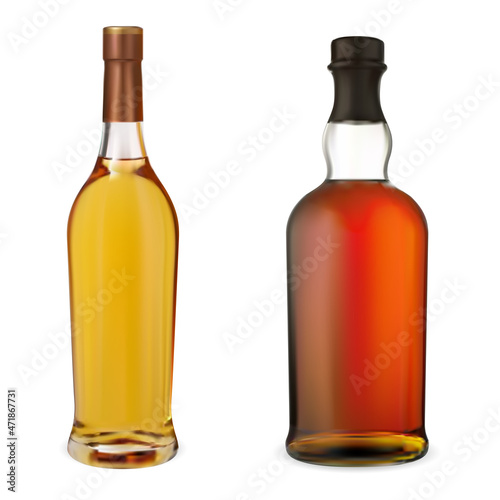 Whisky bottle mockup. Whiskey alcohol package blank. Brown gold glass scotch or bourbon beverage jar design for sticker advertising. Realistic rum bottle, kentucky whisky brand