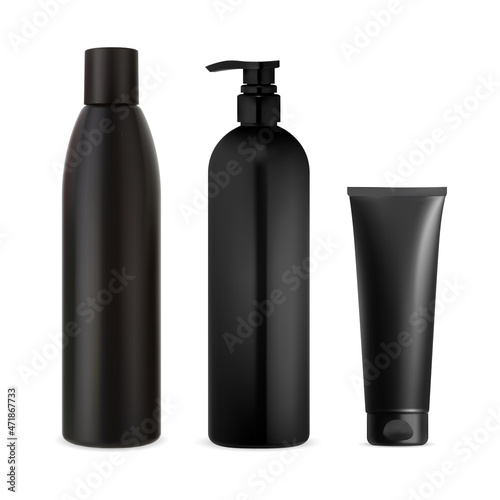 Set of black cosmetic bottle, shampoo bottle, pump container, cream tube. Realistic cosmetic collection, men body product. Body lotion dispenser template, black plastic bath pack template