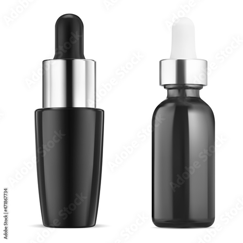 Black serum dropper bottle. Essential oil vial mock up. Liquid skin treatment eyedropper flask. Aroma essence pipette packaging, luxury anti-aging cosmetics, collagen flacon set