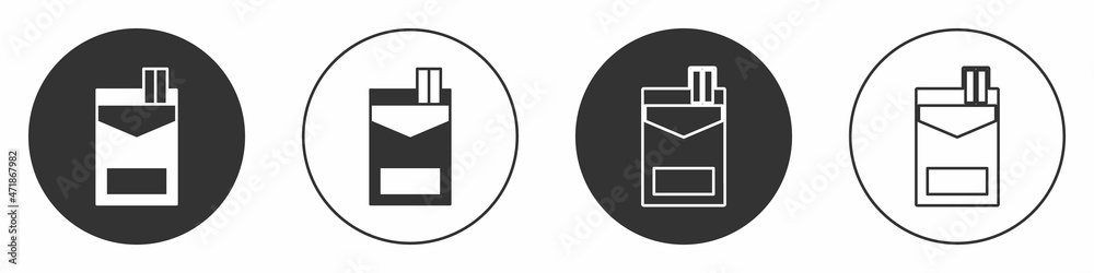 Black Cigarettes pack box icon isolated on white background. Cigarettes pack. Circle button. Vector Black Cigarettes pack box icon isolated on white background. Cigarettes pack. Circle button. Vector