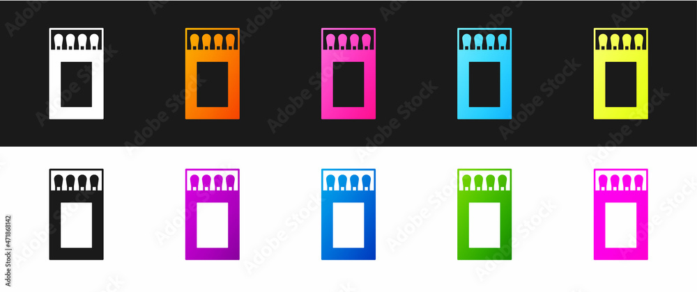 Set Open matchbox and matches icon isolated on black and white background. Vector