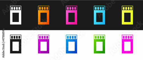 Set Open matchbox and matches icon isolated on black and white background. Vector