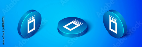 Isometric Open matchbox and matches icon isolated on blue background. Blue circle button. Vector