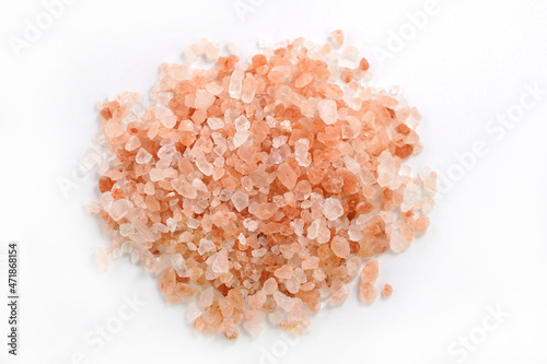 Photos Pink Himalayan salt,  isolated on white background.