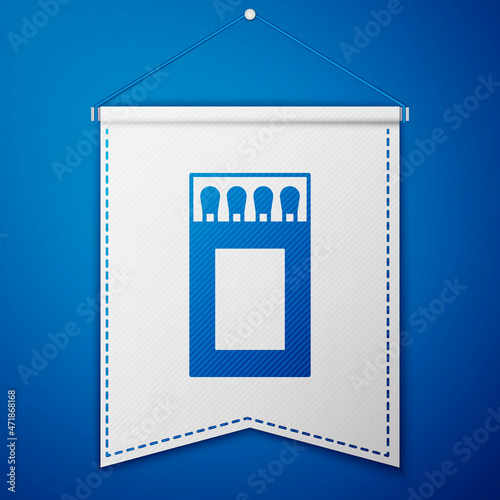 Blue Open matchbox and matches icon isolated on blue background. White pennant template. Vector