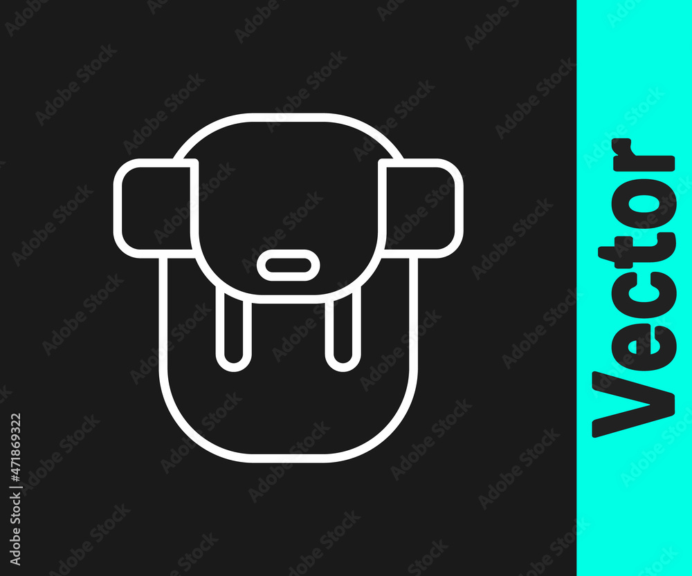 White line Hiking backpack icon isolated on black background. Camping and mountain exploring backpack. Vector White line Hiking backpack icon isolated on black background. Camping and mountain exploring backpack. Vector