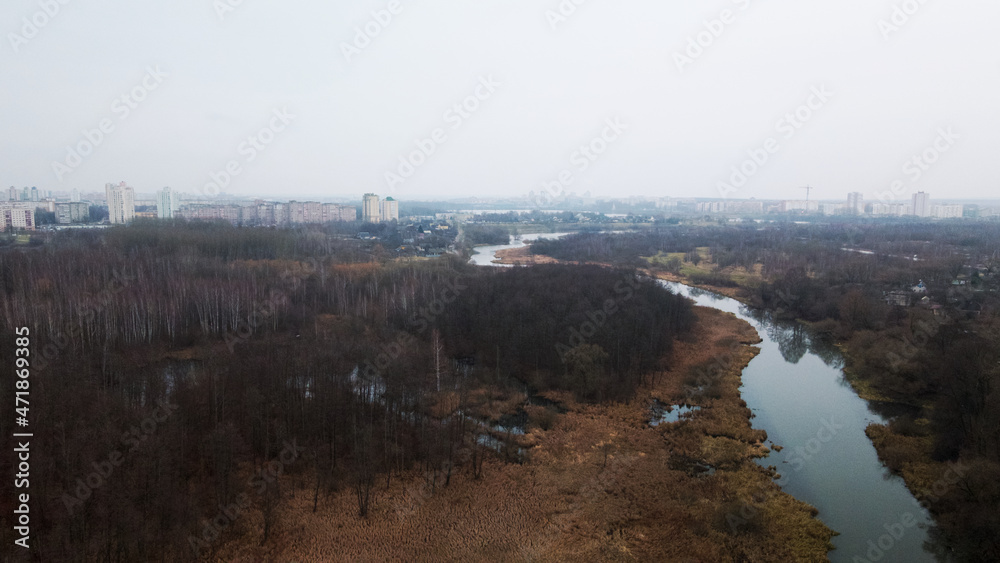 The river among the city park. Late autumn, cloudy. Trees without leaves and dried reeds along the banks of the river. The city is visible on the horizon. Aerial photography.