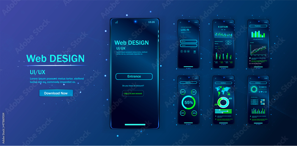 Mobile applications. Creating a mobile application. User experience. Various UI, UX, graphical interfaces of mobile screens of modern infographics. Web design and analysis. Vector