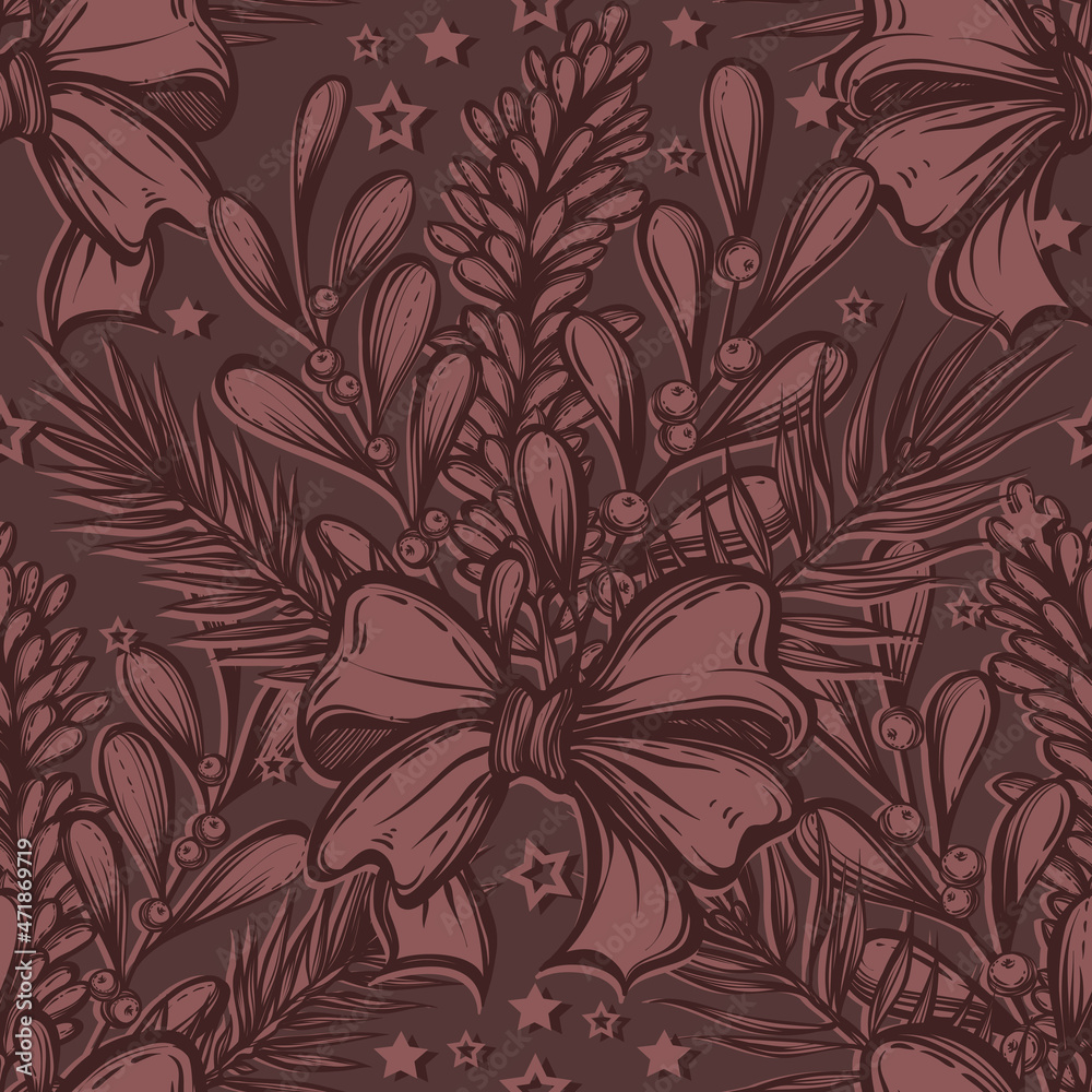Vector New Year composition with spruce and mistletoe, pine branches, art.t-shirt design. Background dark, seamless pattern. Handmade Vector New Year composition with spruce and mistletoe, pine branches, art.t-shirt design. Background dark, seamless pattern. Handmade