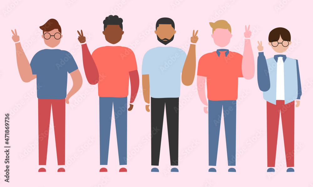 Fototapeta premium people with peace sign, men from all around the world stands together