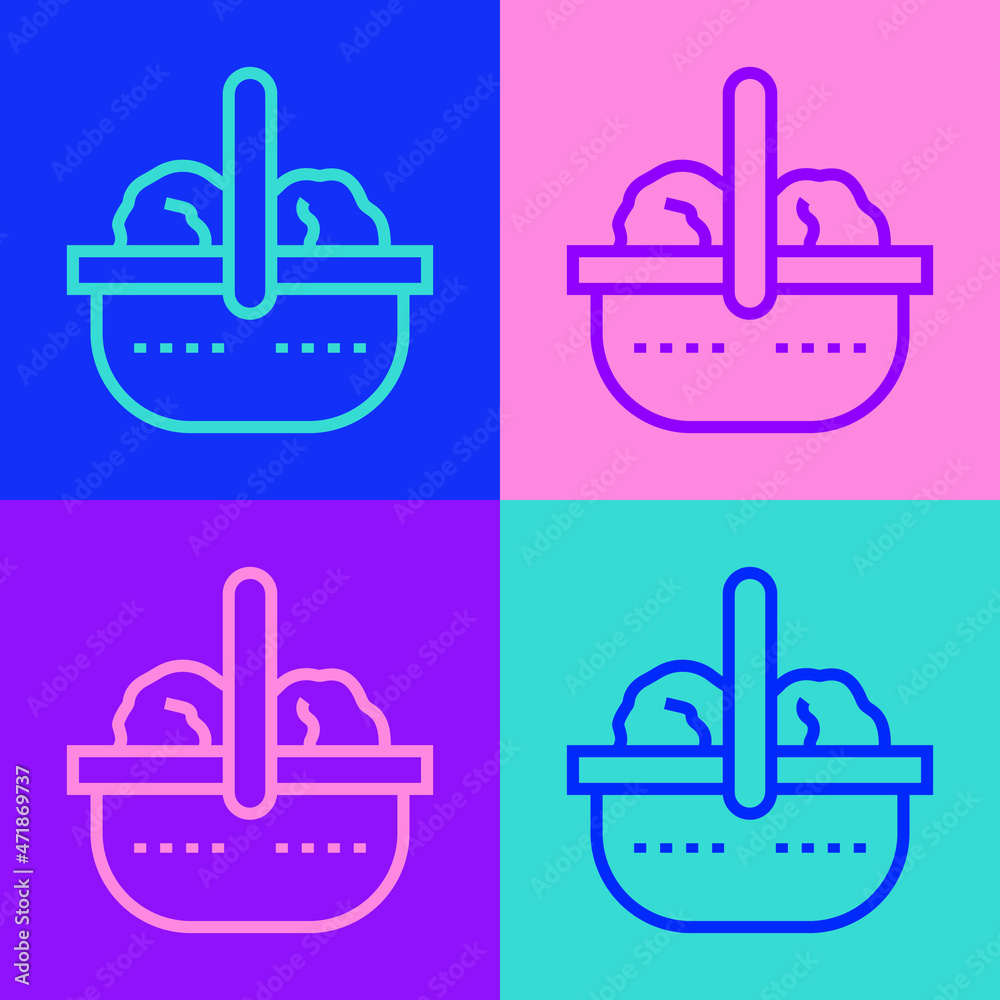 Pop art line Shopping basket and food icon isolated on color background. Food store, supermarket. Vector Pop art line Shopping basket and food icon isolated on color background. Food store, supermarket. Vector