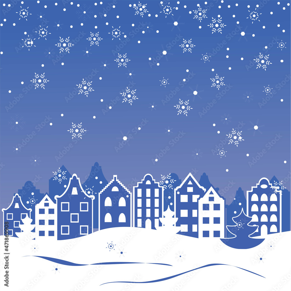 Christmas card template with christmas tree, houses and snowflakes. Merry Christmas! Happy New Year!