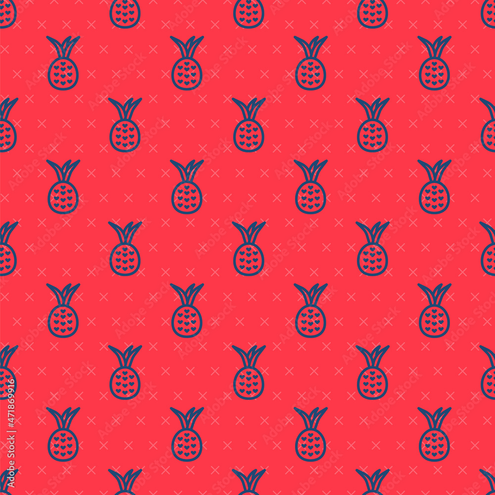 Blue line Pineapple tropical fruit icon isolated seamless pattern on red background. Vector Blue line Pineapple tropical fruit icon isolated seamless pattern on red background. Vector