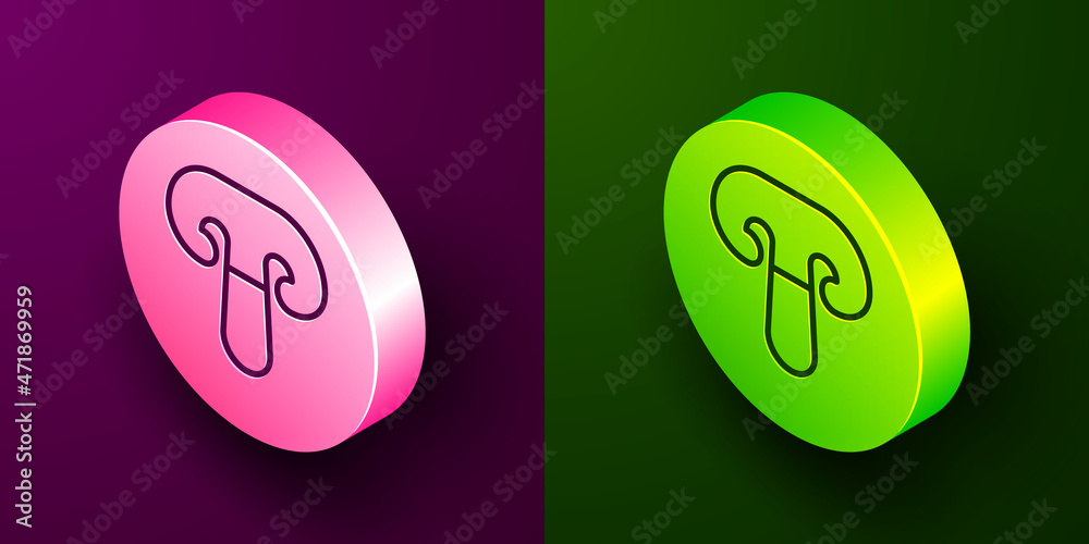 Isometric line Mushroom icon isolated on purple and green background. Circle button. Vector Isometric line Mushroom icon isolated on purple and green background. Circle button. Vector