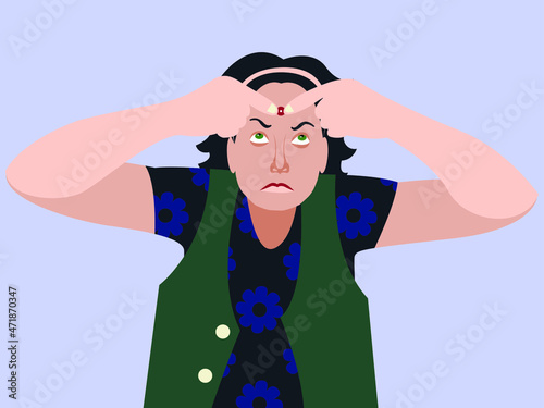 Vector graphics - a disgruntled girl squeezes a pimple on her forehead with her hands. Concept - acne and problematic oily skin