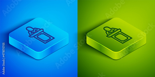 Isometric line Auction auctioneer sells icon isolated on blue and green background. Auction business, bid and sale. Square button. Vector