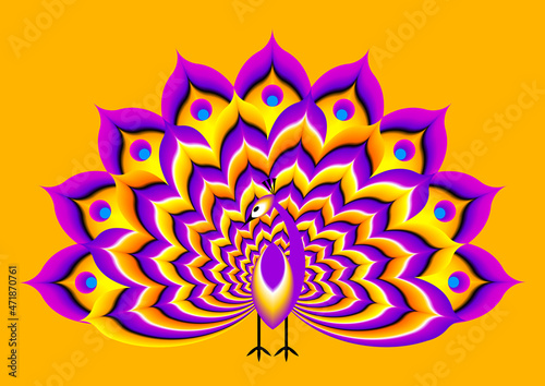 Peacock with yellow and purple tail. Optical illusion of movement.