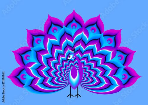 Peacock with blue and purple tail. Motion illusion.