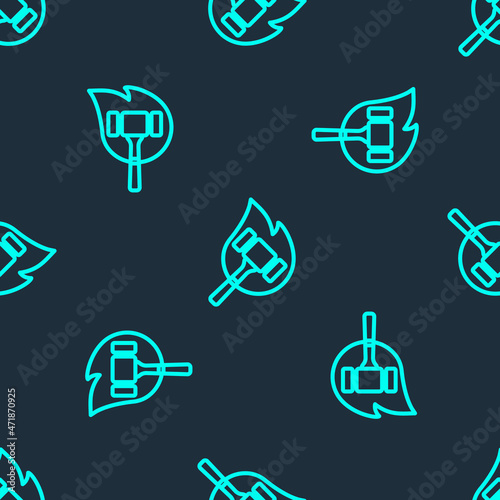 Green line Auction hammer icon isolated seamless pattern on blue background. Gavel - hammer of judge or auctioneer. Bidding process, deal done. Auction bidding. Vector